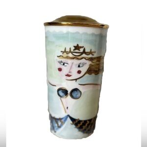 Starbucks 2014 Siren Mermaid Ceramic 12oz Travel Tumbler Coffee Mug Cup Gold Lid